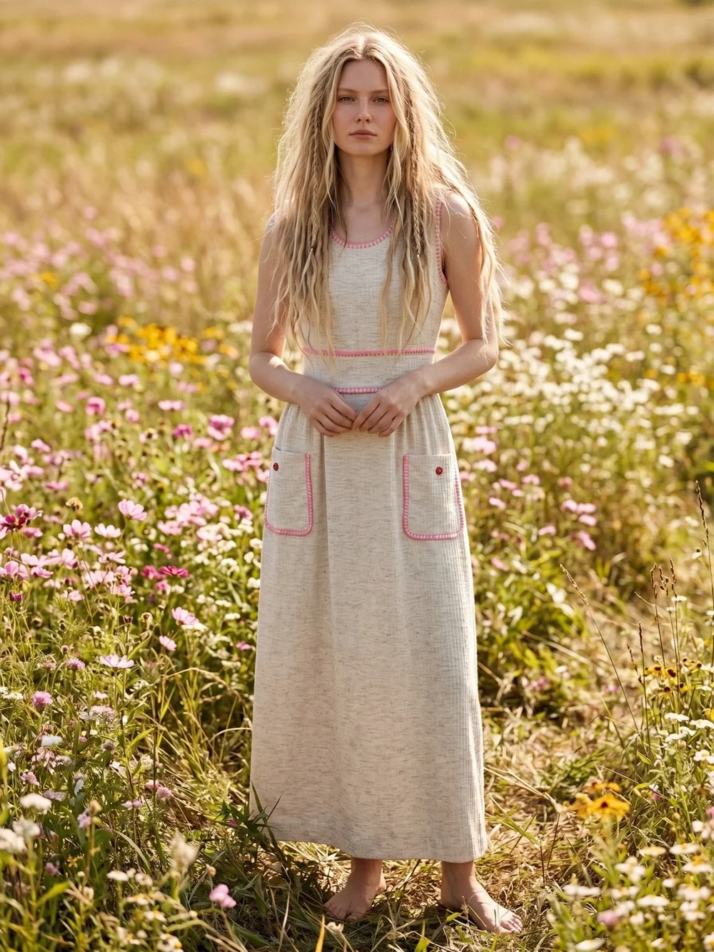 Vintage 60s 70s Shady Lane Sleeveless Cream Maxi Dress Spring Mod USA Size Small - Picture 1 of 12